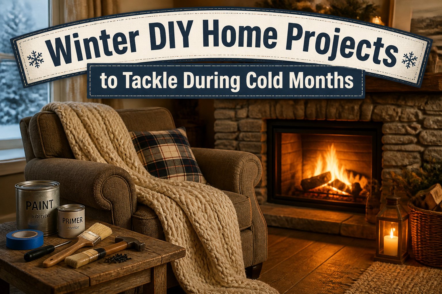 A warm home interior with winter decorations and DIY project materials.