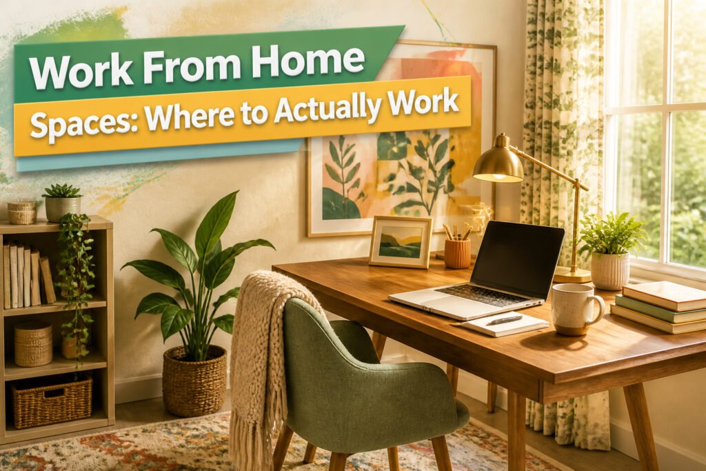 A cozy home office with a laptop, coffee mug, and plants.