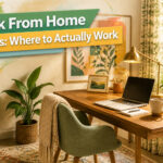 A cozy home office with a laptop, coffee mug, and plants.