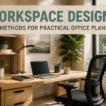 A modern office layout featuring a desk, plants, and ergonomic furniture.