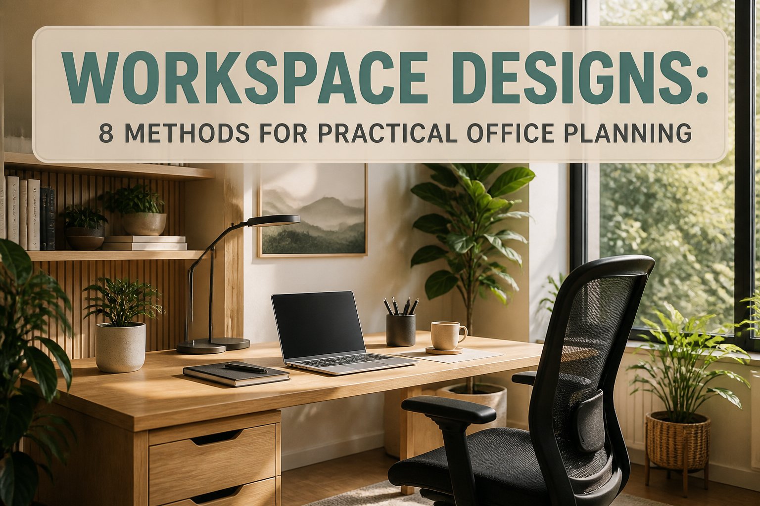 A modern office layout featuring a desk, plants, and ergonomic furniture.