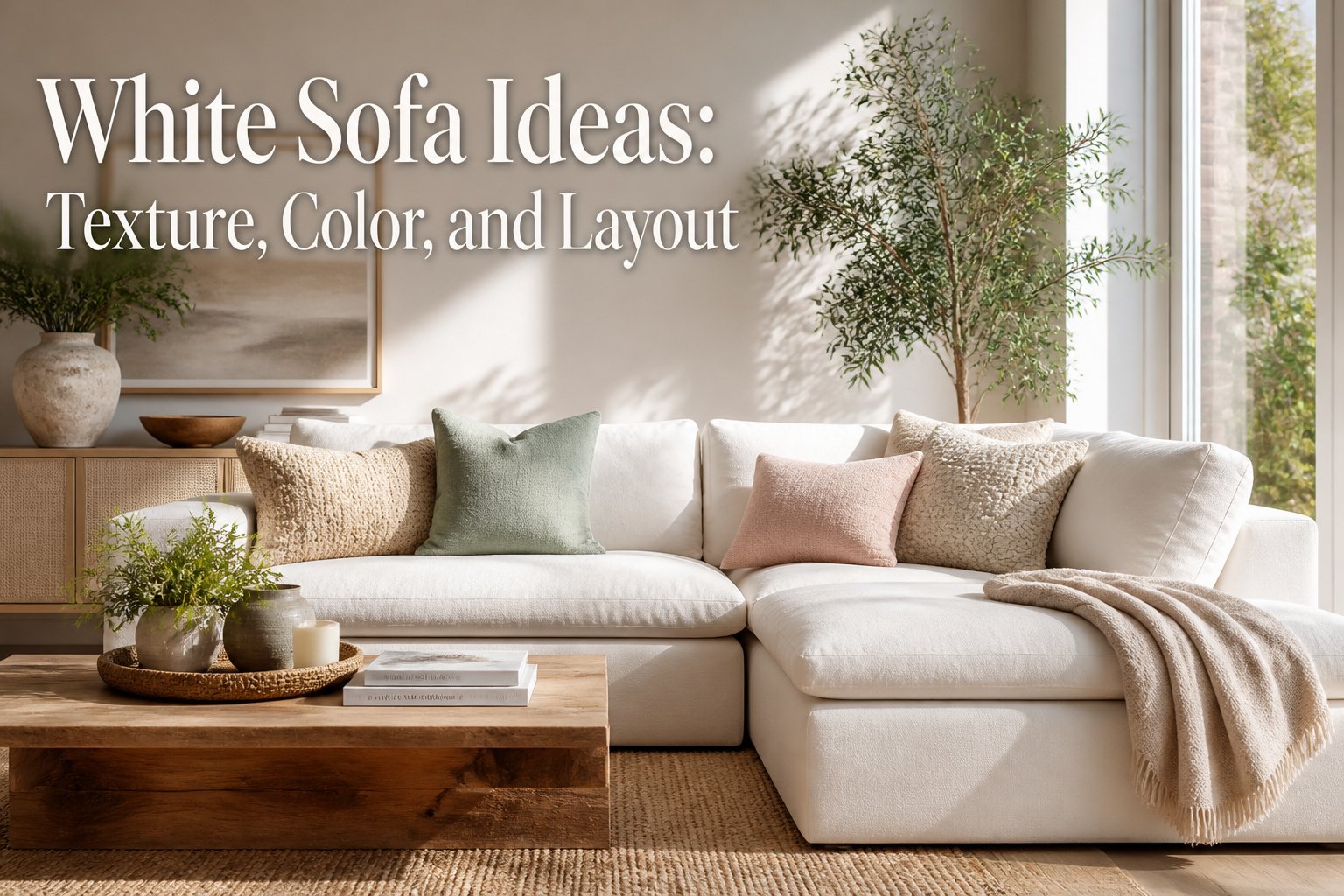 Bright living room with a white sofa and textured fabrics.